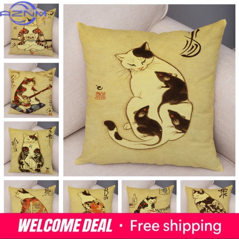Japanese Home Textiles - Винтажная японская наволочка с татуировкой самурая-кошки,